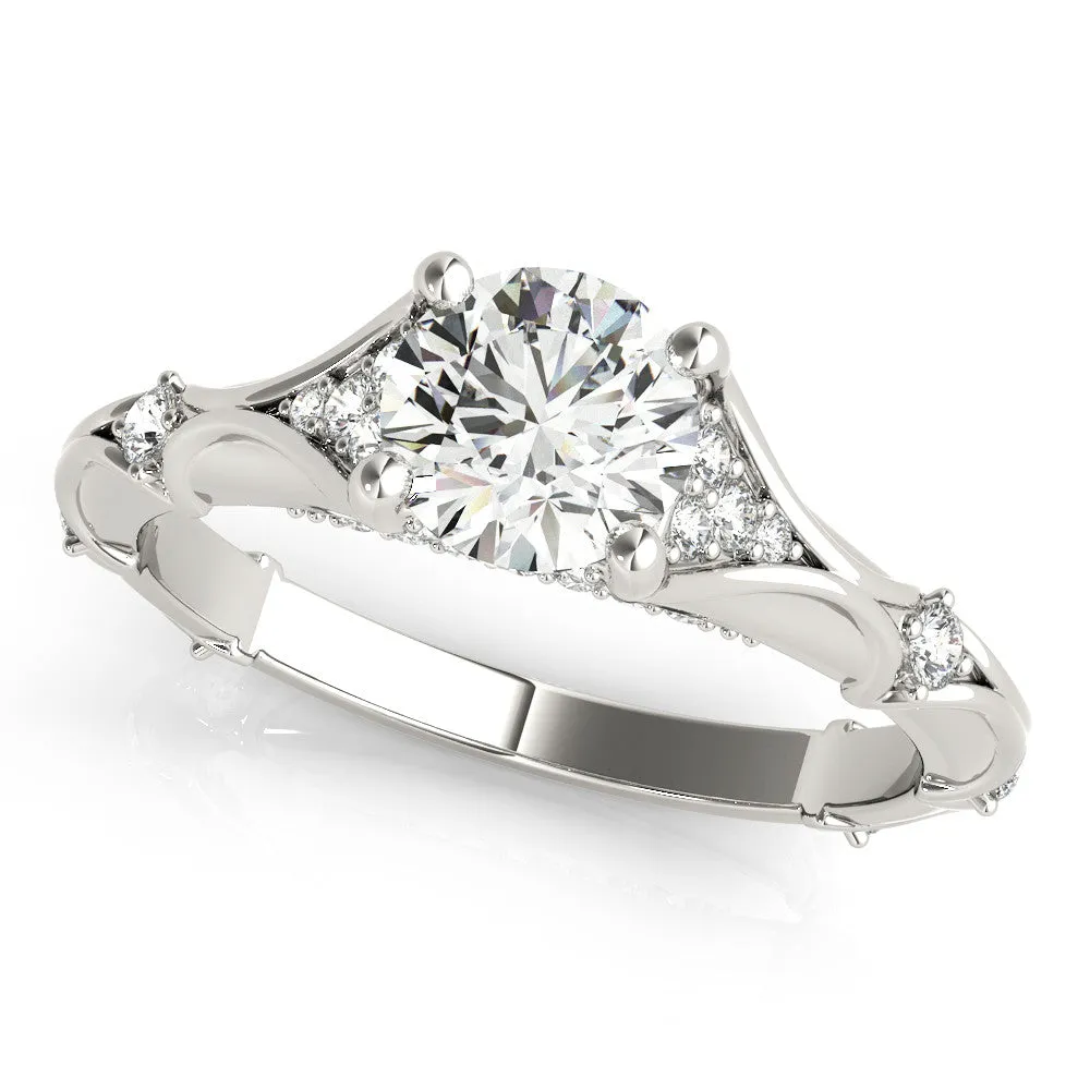 Round Cut Cut Solitaire Engagement Ring with Pave Band and Four-Prong Setting Platinum