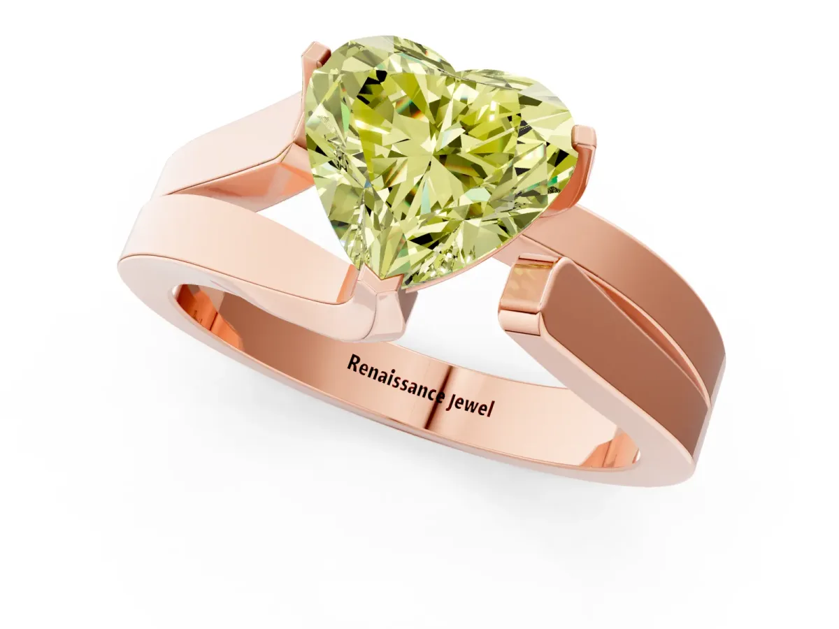 Fancy Yellow Modern Tension Set Heart Cut Diamond Solitaire Wide Band Ring Rose gold