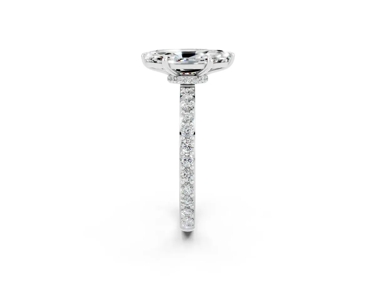 Marquise Cut Moissanite Solitaire Engagement Ring with Pavé Band and Four-Prong Setting White gold