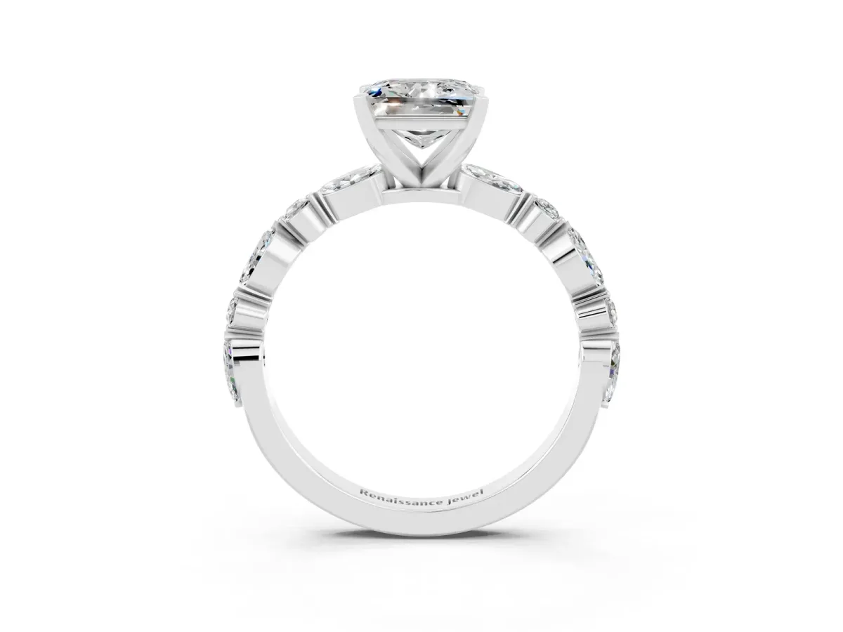 Princess Cut Moissanite Ring with Marquise and Round Side Stones and Four-Prong Setting White gold