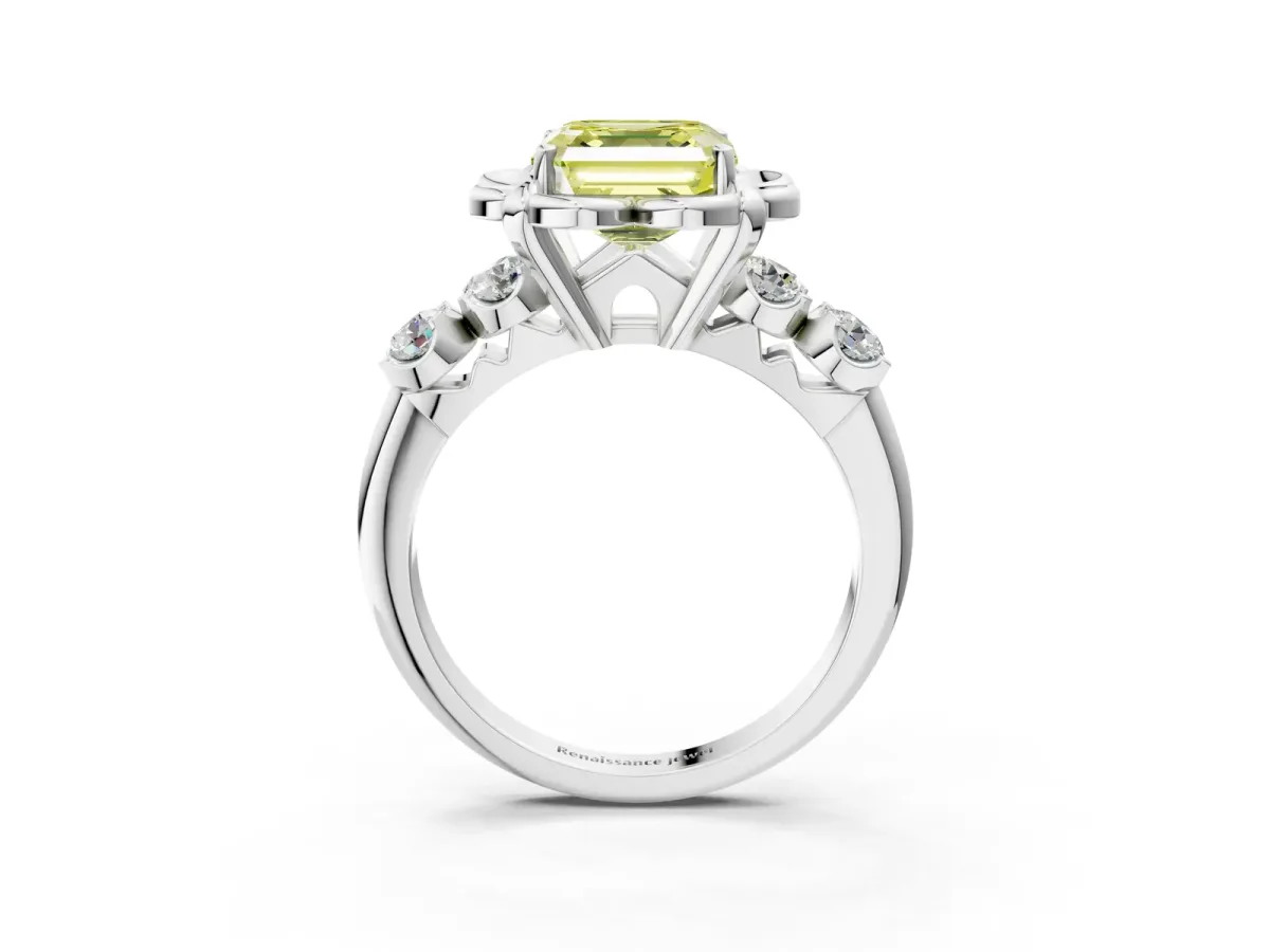 Fancy Yellow Asscher Cut Cut Diamond Floral Halo Engagement Ring with Shared Prong Setting Silver