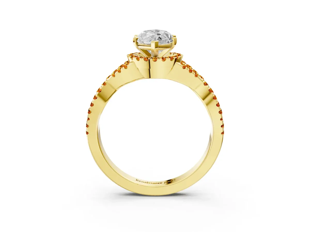 Marquise Cut Diamond Citrine Halo Twist Band Solitaire Prong Setting Ring Yellow gold