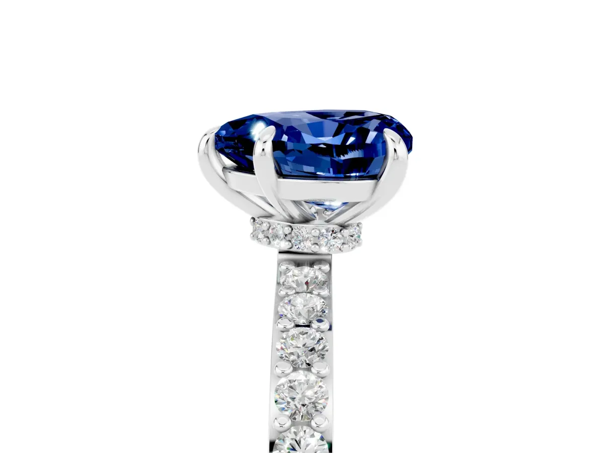Heart Cut Blue Sapphire Solitaire Engagement Ring with Pavé Band and Four-Prong Setting White gold