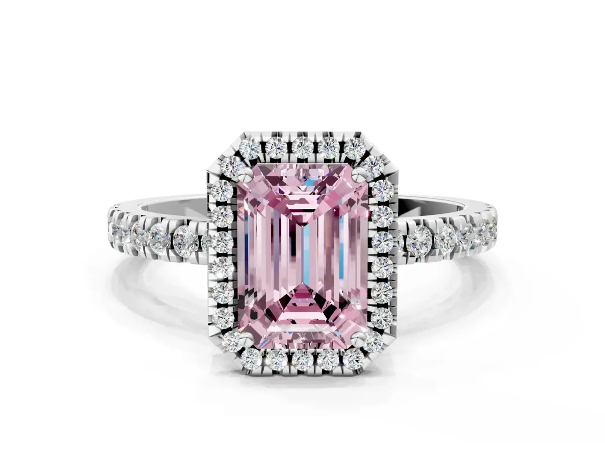 Fancy Pink Emerald Cut Diamond Classic Halo Engagement Ring with Round Pavé Band and Prong Setting White gold