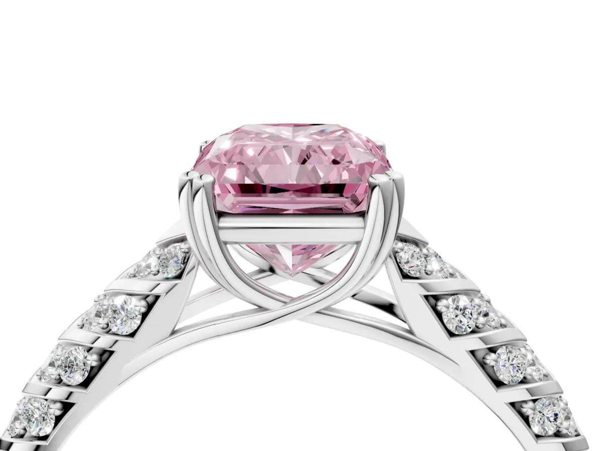 Fancy Pink Radiant Cut Solitaire Chevron Pave Diamond Engagement Ring with Six-Prong Setting Platinum