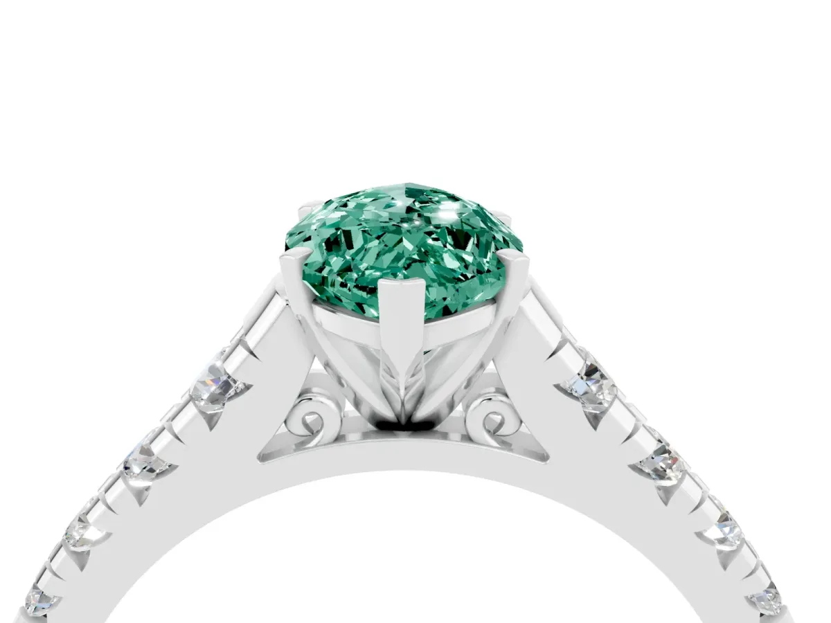 Marquise Cut Green Sapphire Cathedral Solitaire Ring with Round Pavé Band White gold