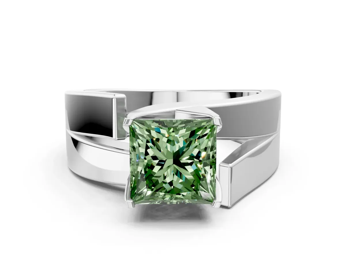 Fancy Green Modern Tension Set Princess Cut Diamond Solitaire Wide Band Ring Silver