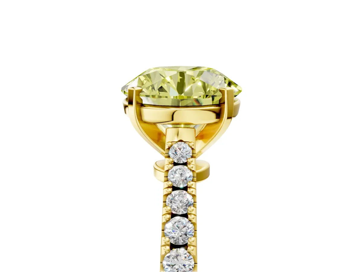 Fancy Yellow Asscher Cut Cut Solitaire Diamond Engagement Ring with Pave Band and Four-Prong Setting Yellow gold