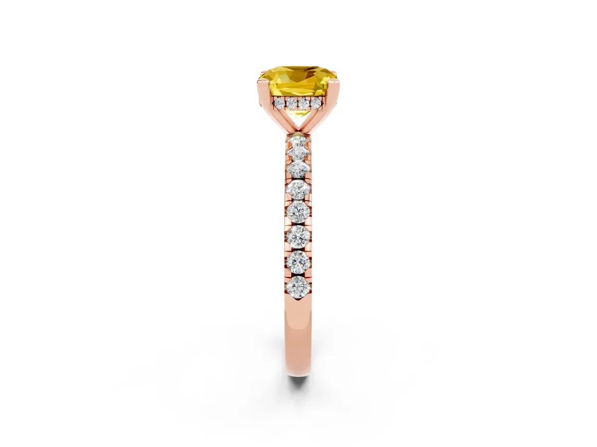 Cushion Cut Yellow Sapphire Solitaire Ring with Round Pavé Band and Four-Prong Setting Rose gold