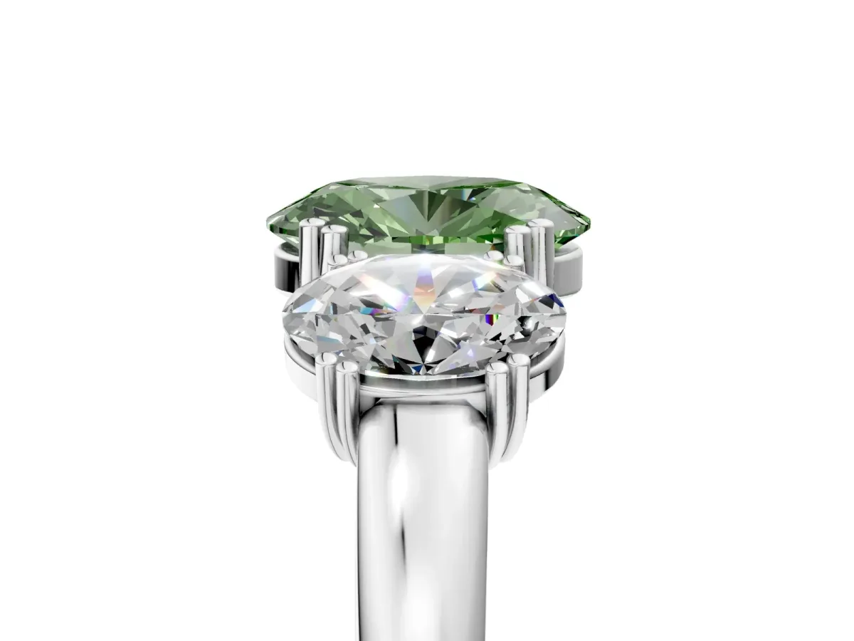 Fancy Green Three-Stone Oval Cut Cut Diamond Ring with Channel Set Band and Four-Prong Setting Silver
