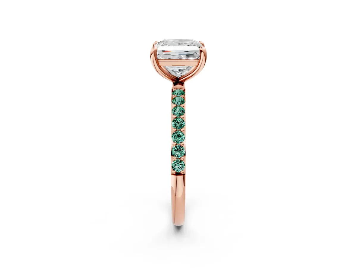 Princess Cut Diamond Solitaire Ring with Round Green Sapphire Pavé Band and Prong Setting Rose gold