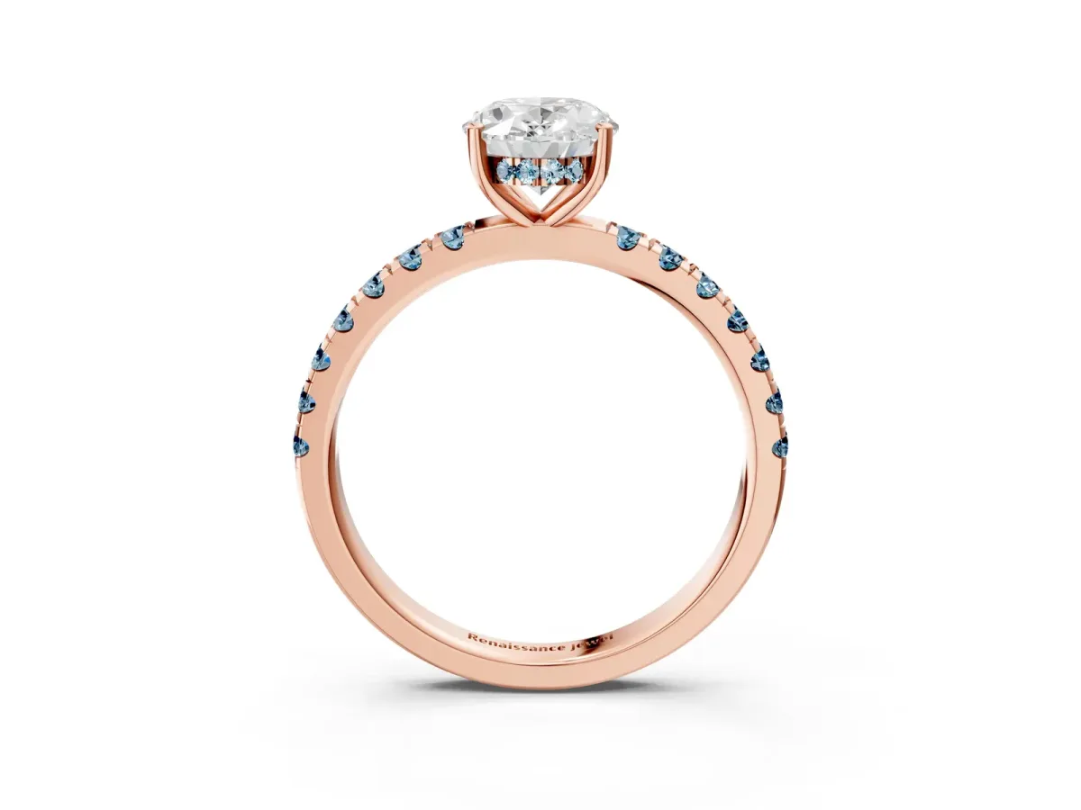 Oval Cut Diamond Pave Band Solitaire Ring with Round Aquamarine and Prong Setting Rose gold