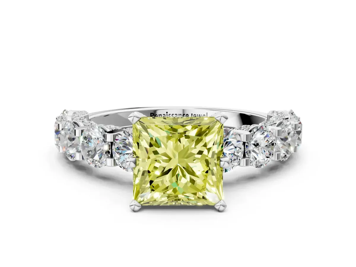 Fancy Yellow Princess Cut Diamond Side Stone Engagement Ring with Four-Prong Setting Silver