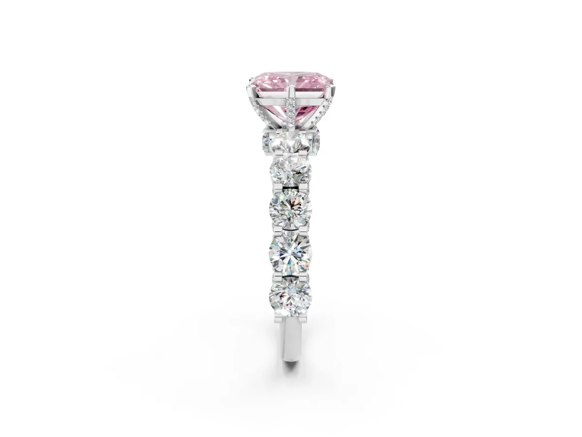 Fancy Pink Radiant Cut Diamond Side Stone Engagement Ring with Four-Prong Setting White gold