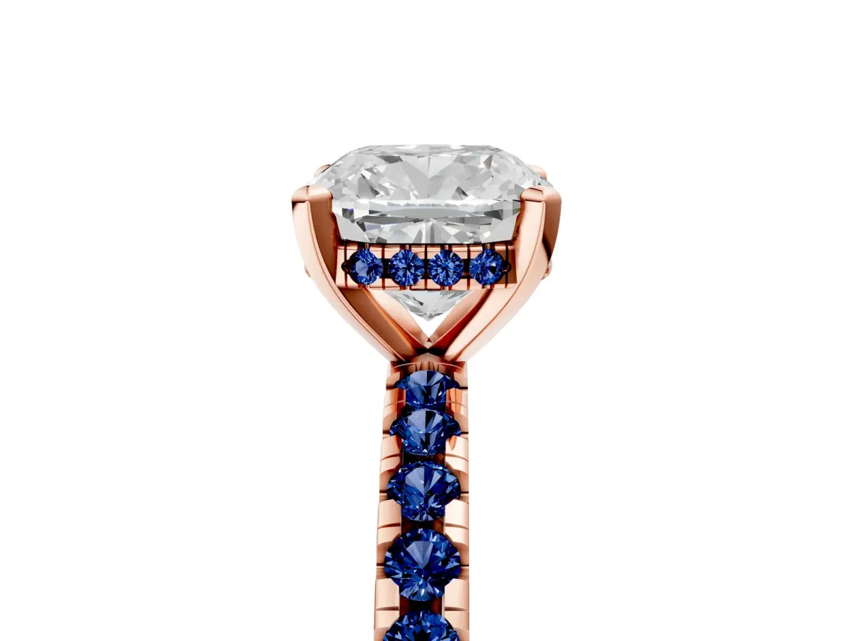Cushion Cut Diamond Solitaire Ring with Round Blue Sapphire Pavé Band and Four-Prong Setting Rose gold