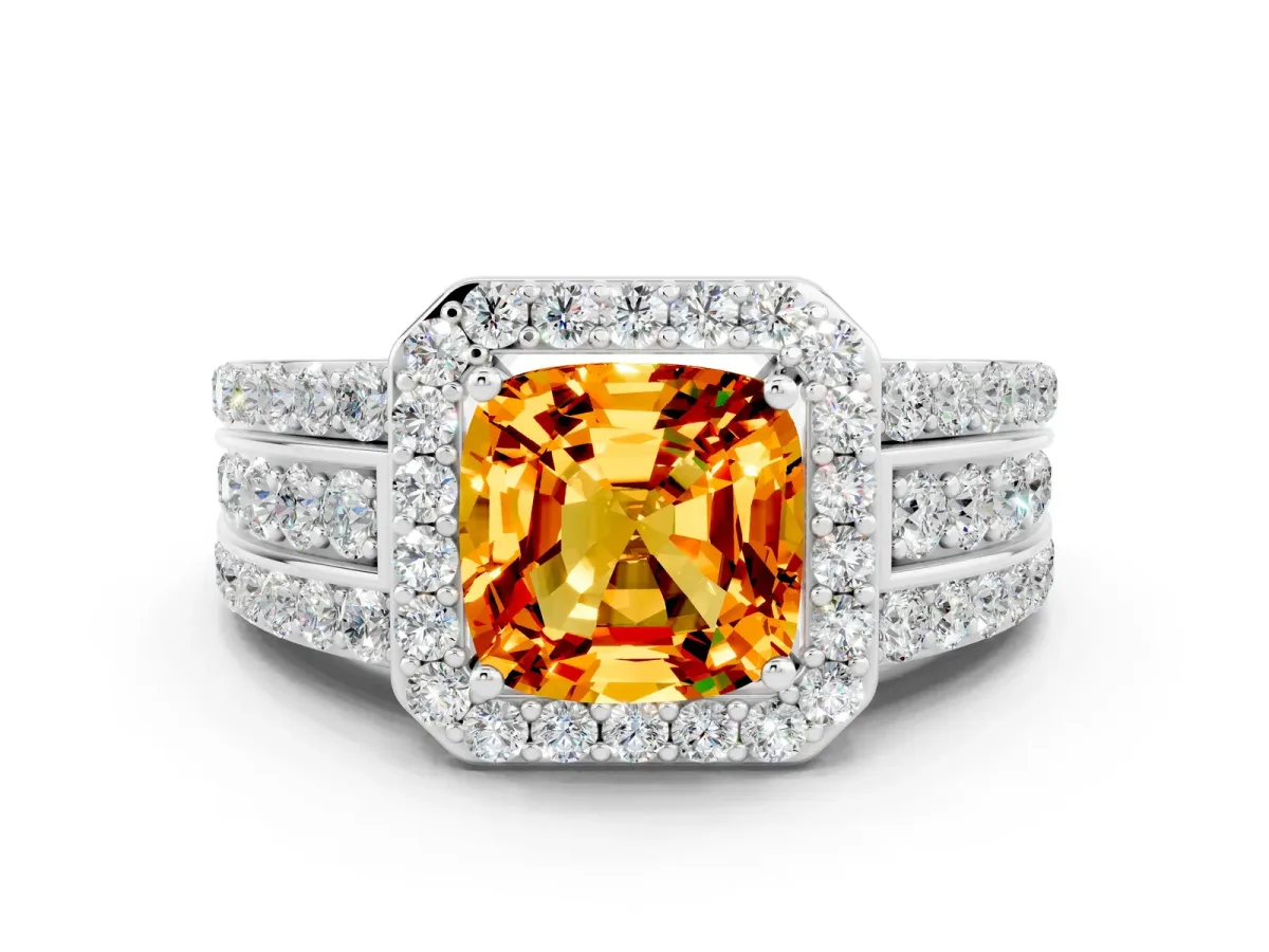 Cushion Cut Halo Citrine Ring with Round Split Shank and Prong Setting White gold