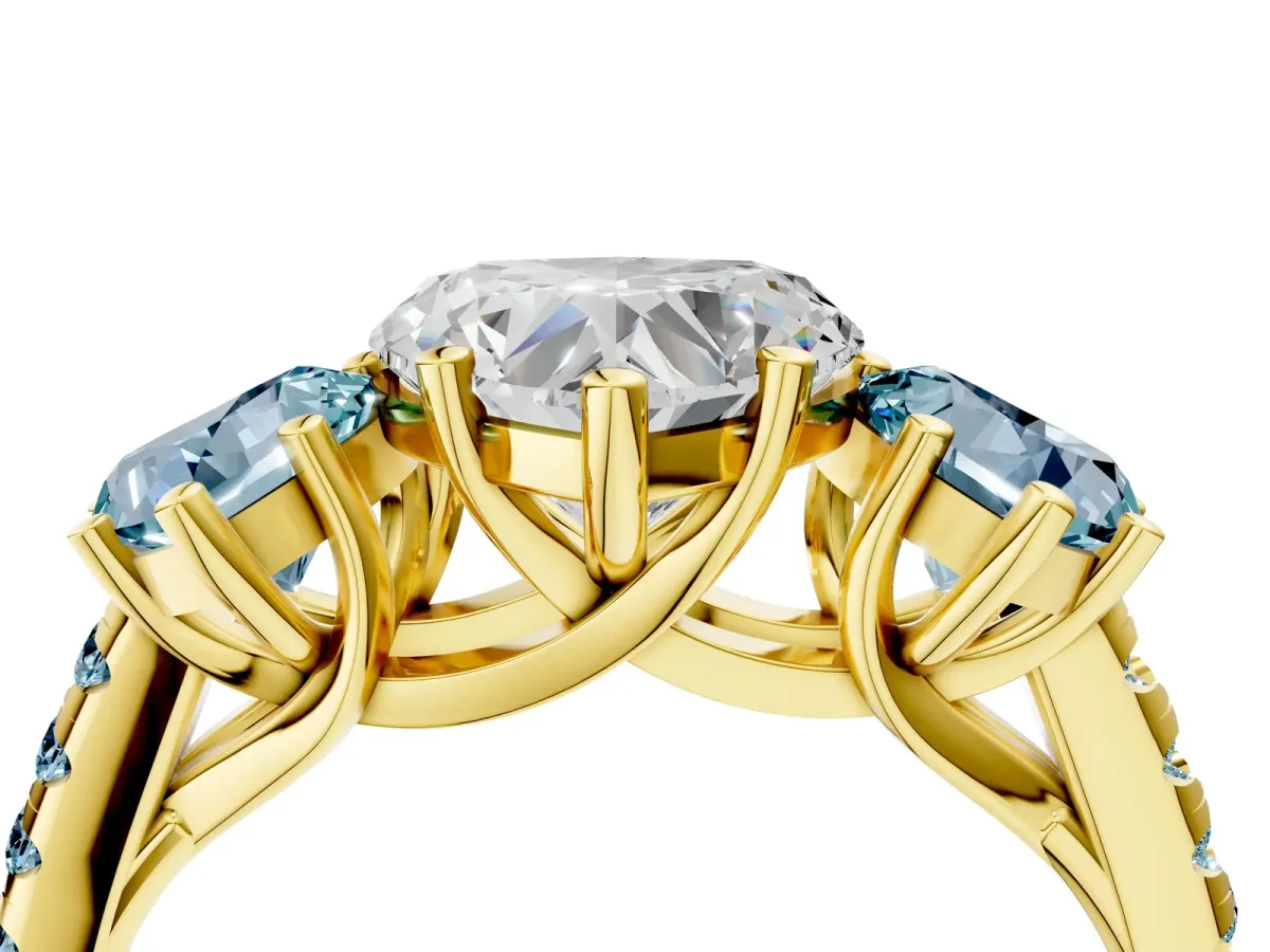 Three-Stone Heart Cut Diamond Ring with Round Aquamarine Pavé Band and Prong Setting Yellow gold