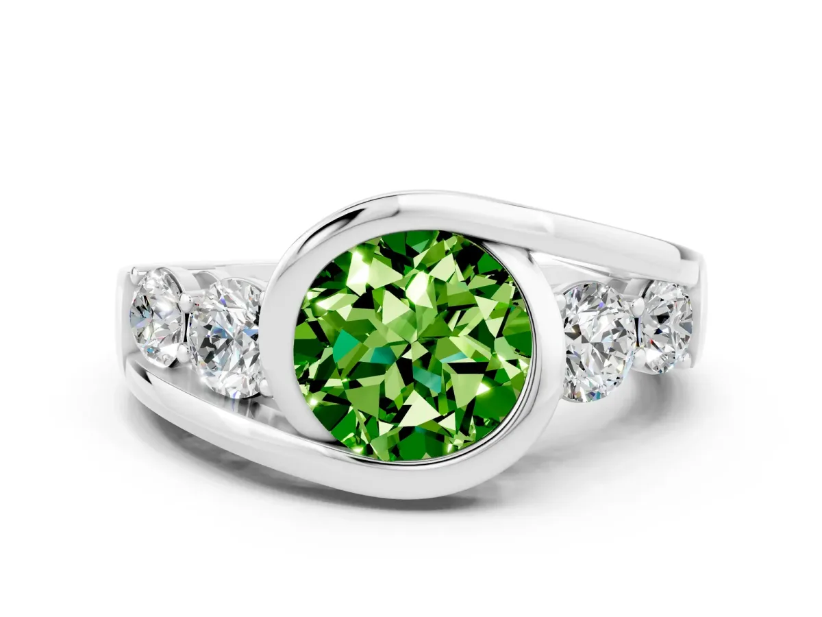 Bezel Set Round Cut Peridot Bypass Ring with Round Accents Platinum