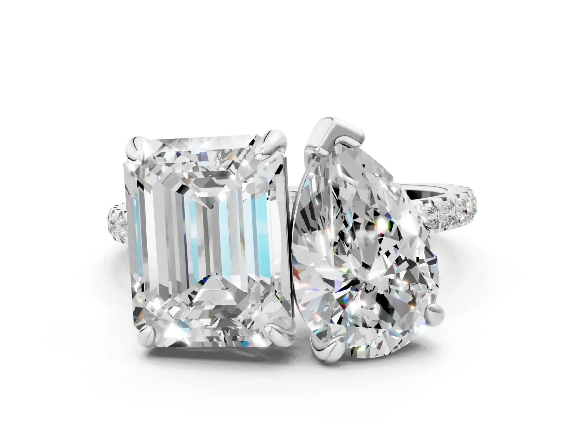 Pear and Emerald Toi Moi Ring with Prong Setting and Pave Band Silver