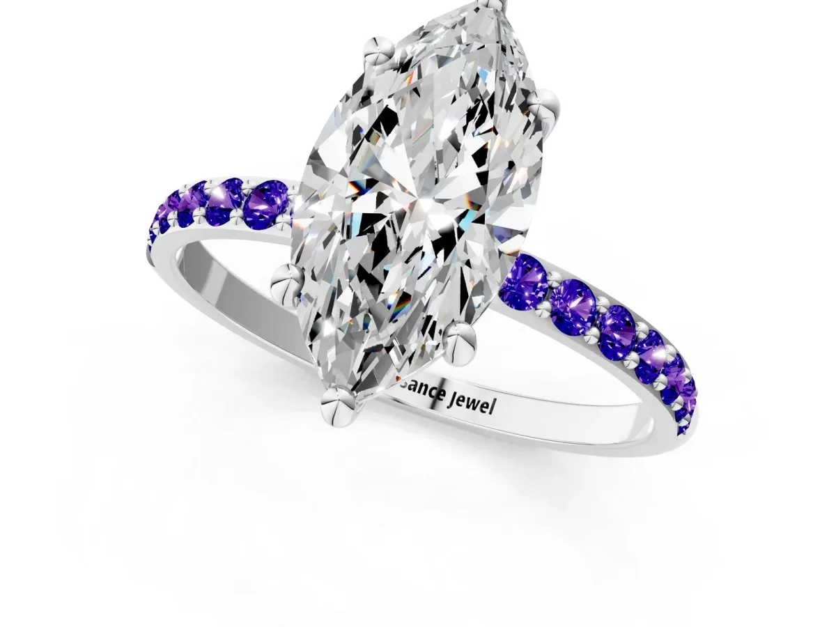 Marquise Cut Diamond Solitaire Ring with Round Tanzanite Pavé Band and Prong Setting White gold