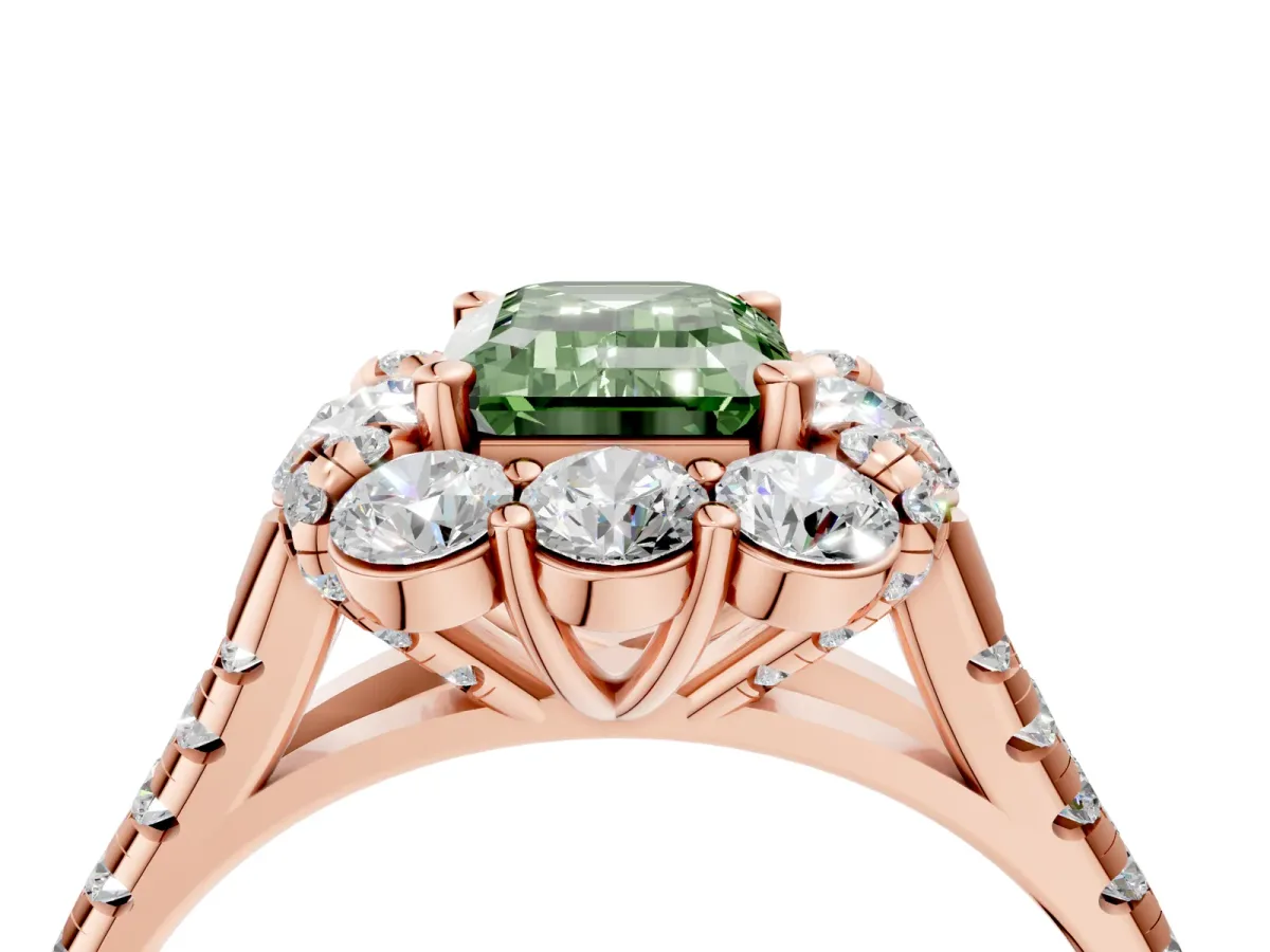 Fancy Green Emerald Cut Halo Split Shank Diamond Engagement Ring with Pave Band and Four-Prong Setting Rose gold