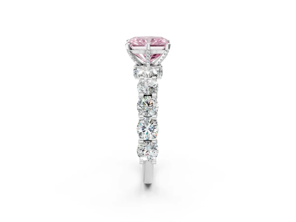 Fancy Pink Radiant Cut Diamond Side Stone Engagement Ring with Four-Prong Setting White gold
