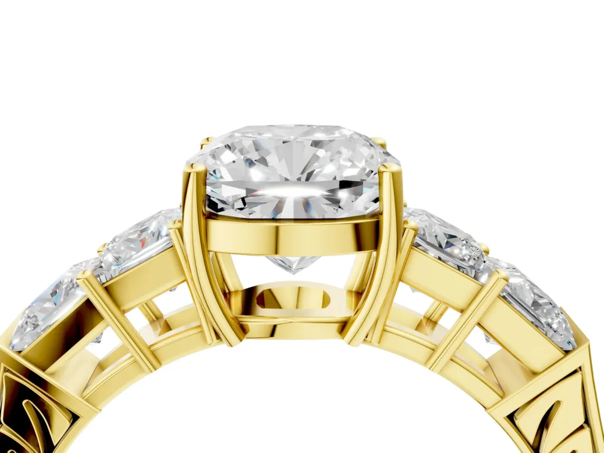 Cushion Cut Solitaire Princess Side Stone Engraved Band Prong Setting Ring Yellow gold