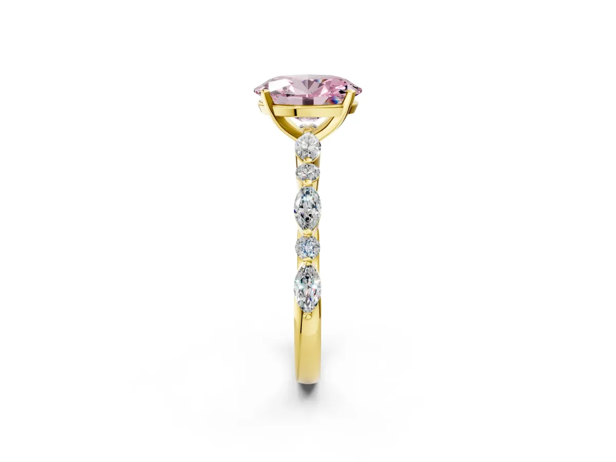 Fancy Pink Oval Cut Diamond Ring with Marquise and Round Side Stones and Four-Prong Setting Yellow gold