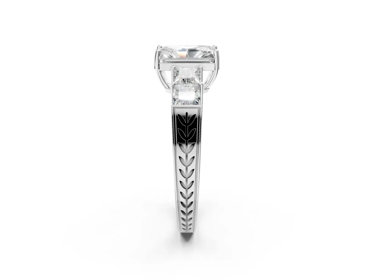 Radiant Cut Solitaire Princess Side Stone Engraved Band Prong Setting Ring Silver