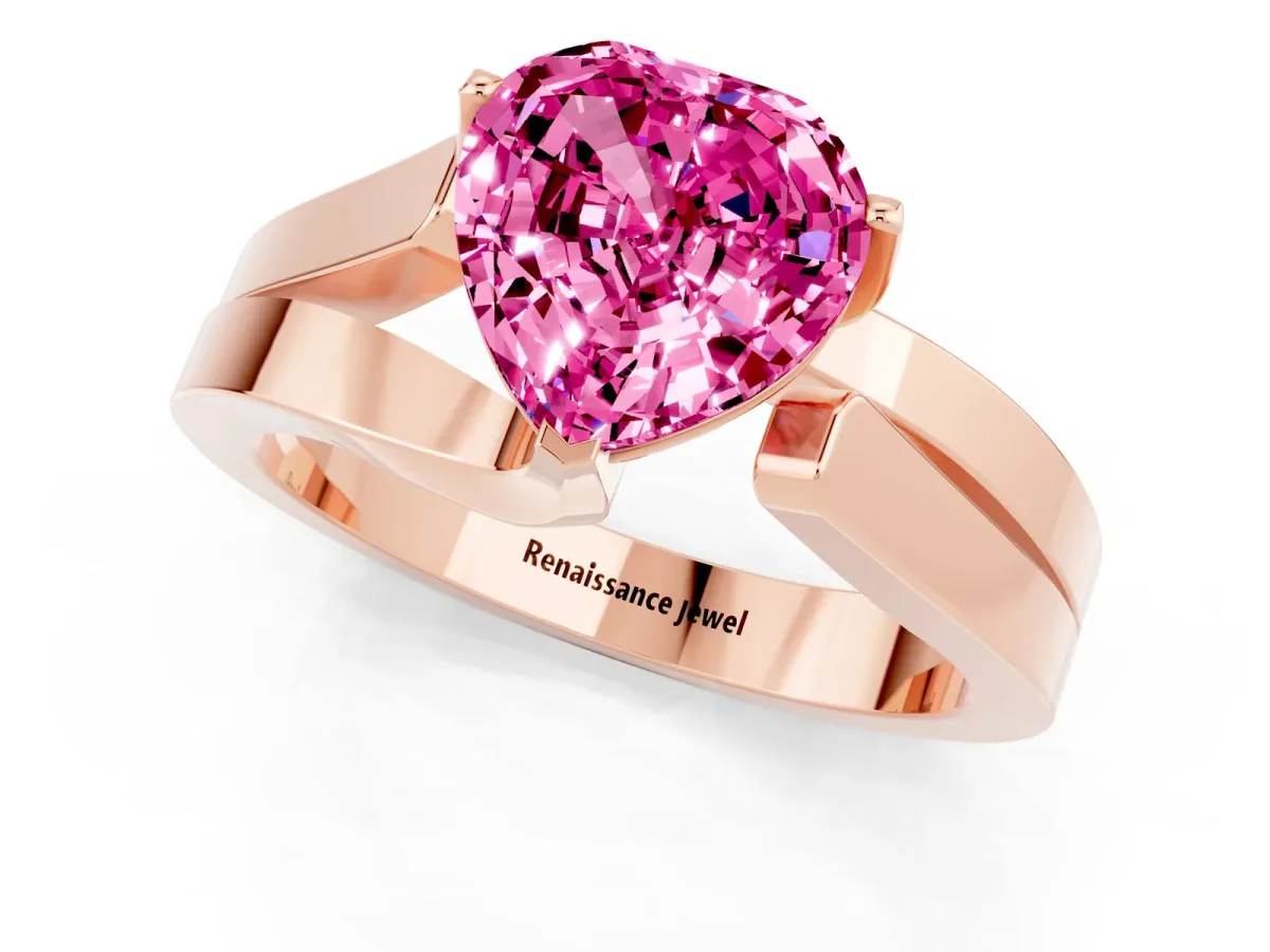 Modern Tension Set Heart Cut Pink Sapphire Solitaire Wide Band Ring Rose gold
