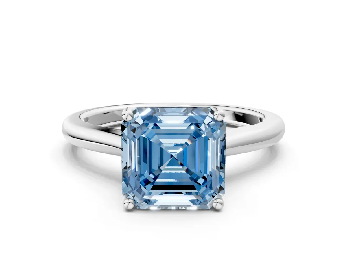 Fancy Blue Asscher Cut Cut Solitaire Ring with Cathedral Band and Four-Prong Setting Platinum