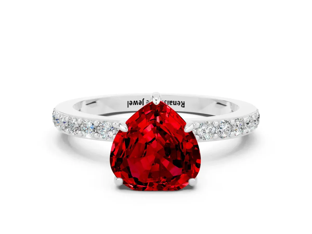 Heart Cut Ruby Solitaire Engagement Ring with Pavé Band and Four-Prong Setting Silver