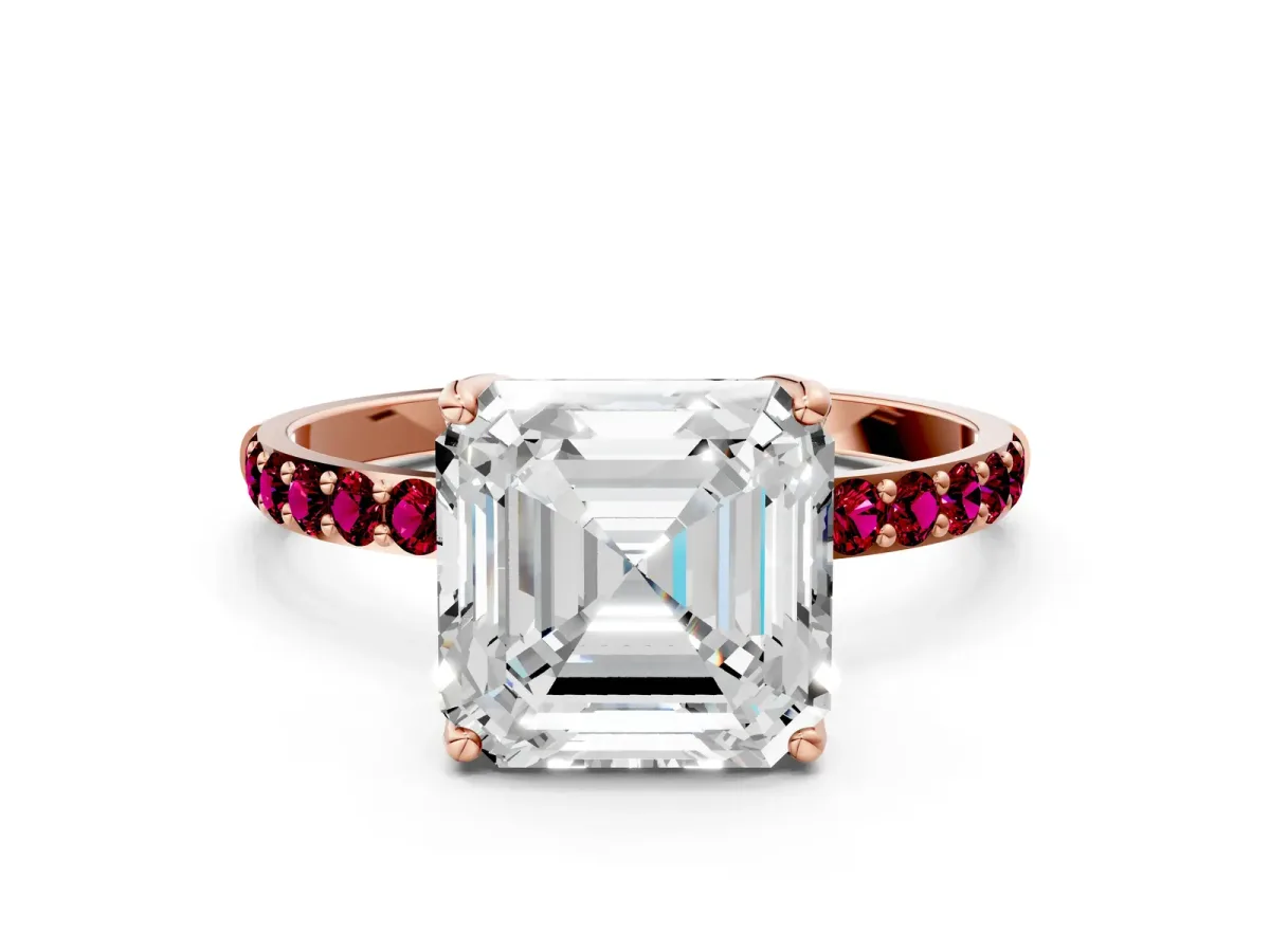 Asscher Cut Diamond Solitaire Engagement Ring with Round Garnet Pavé Band and Prong Setting Rose gold