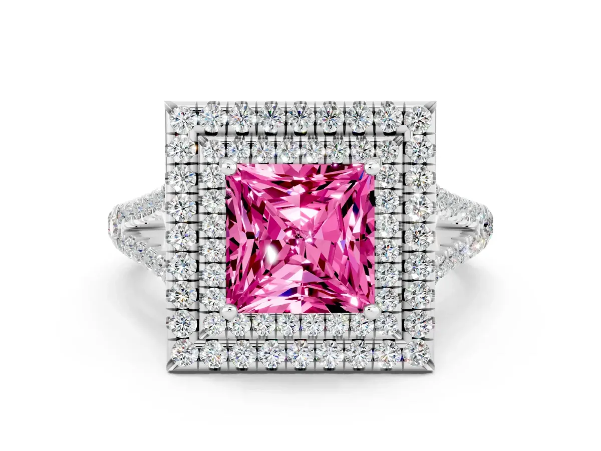 Princess Cut Pink Sapphire Double Halo Ring with Pavé Band and Prong Setting White gold