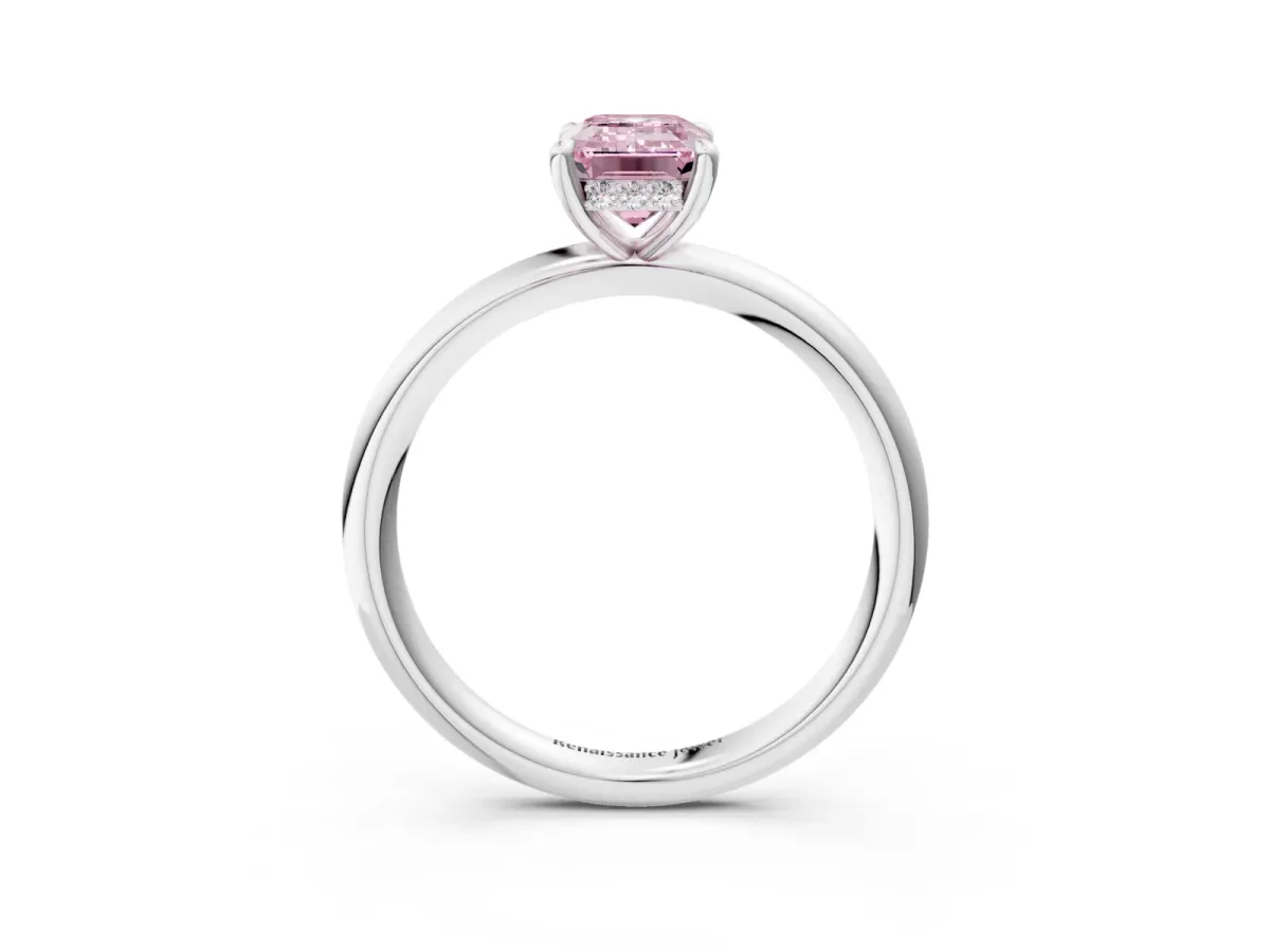 Fancy Pink Emerald Cut Diamond Solitaire Ring with Thin Band and Four-Prong Setting White gold
