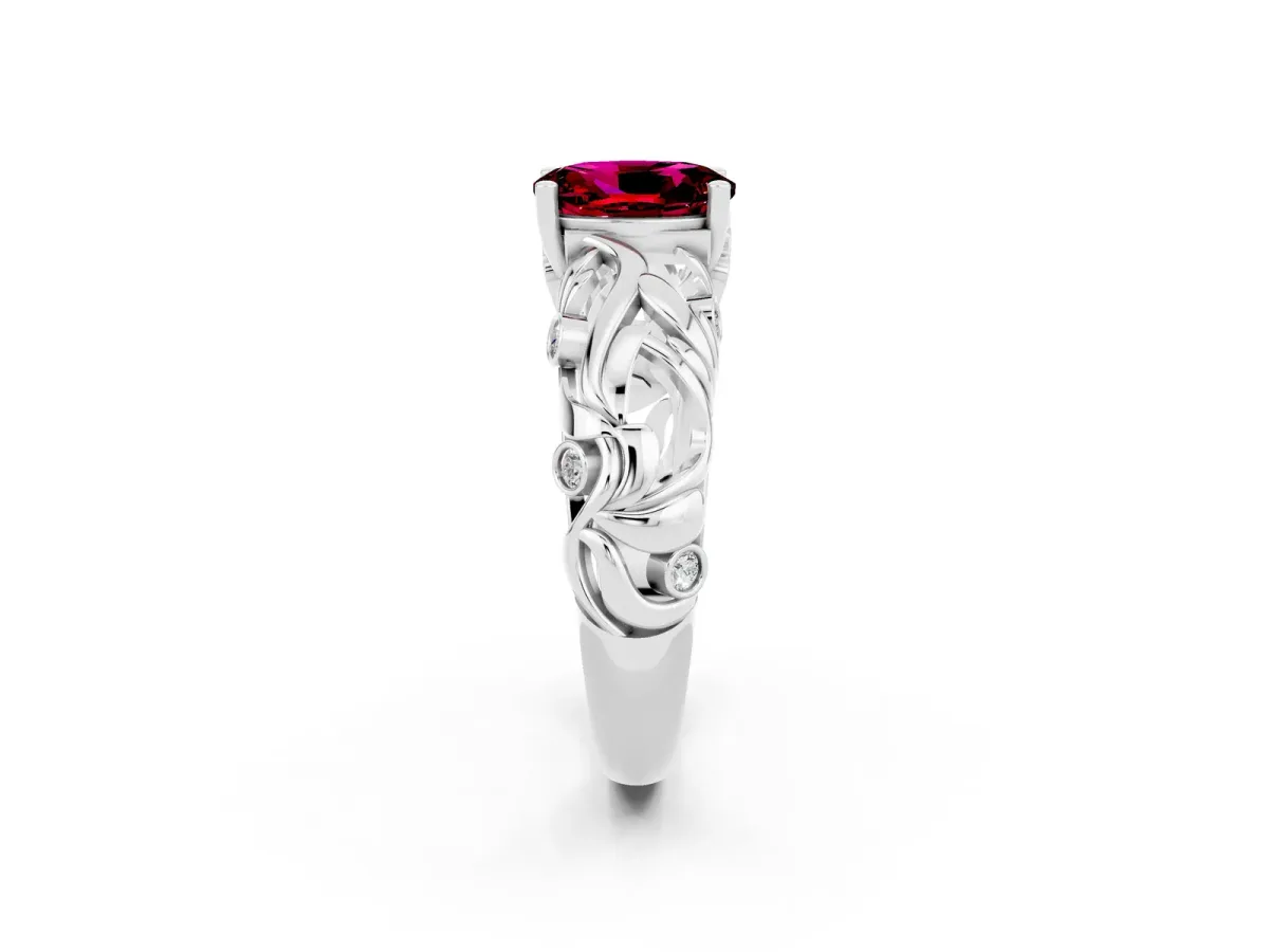 Oval Cut Solitaire Garnet Leaf-Inspired Vine Band Ring with Prong Setting White gold