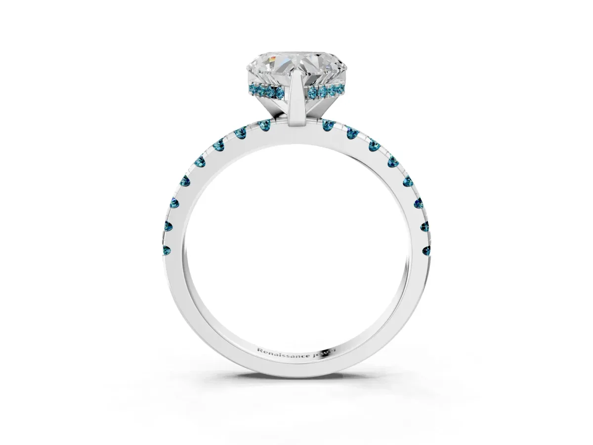 Heart Cut Diamond Solitaire Ring with Round Blue Topaz Pavé Band and Four-Prong Setting White gold