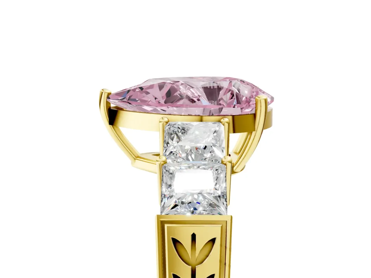 Fancy Pink Pear Cut Solitaire Princess Side Stone Engraved Band Prong Setting Ring Yellow gold