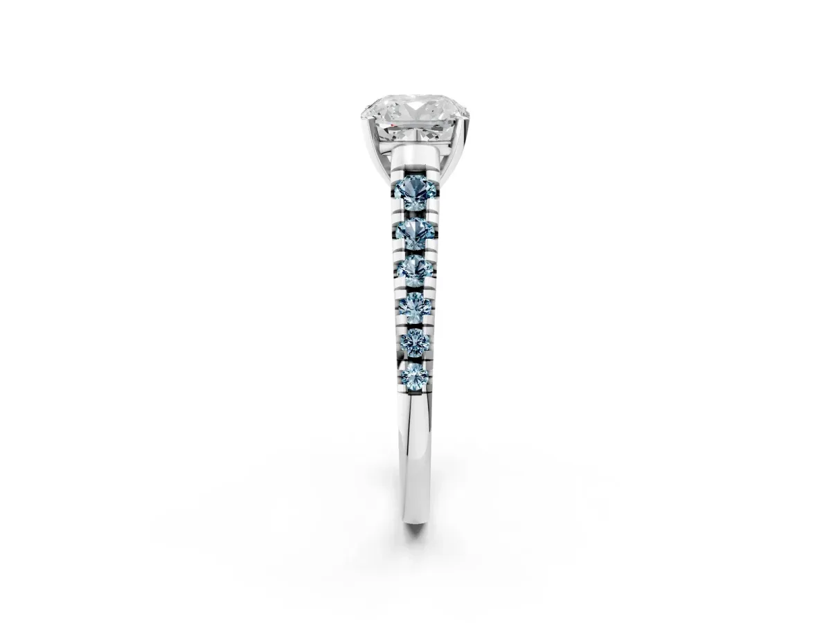 Cushion Cut Diamond Cathedral Solitaire Ring with Round Aquamarine Pavé Band White gold