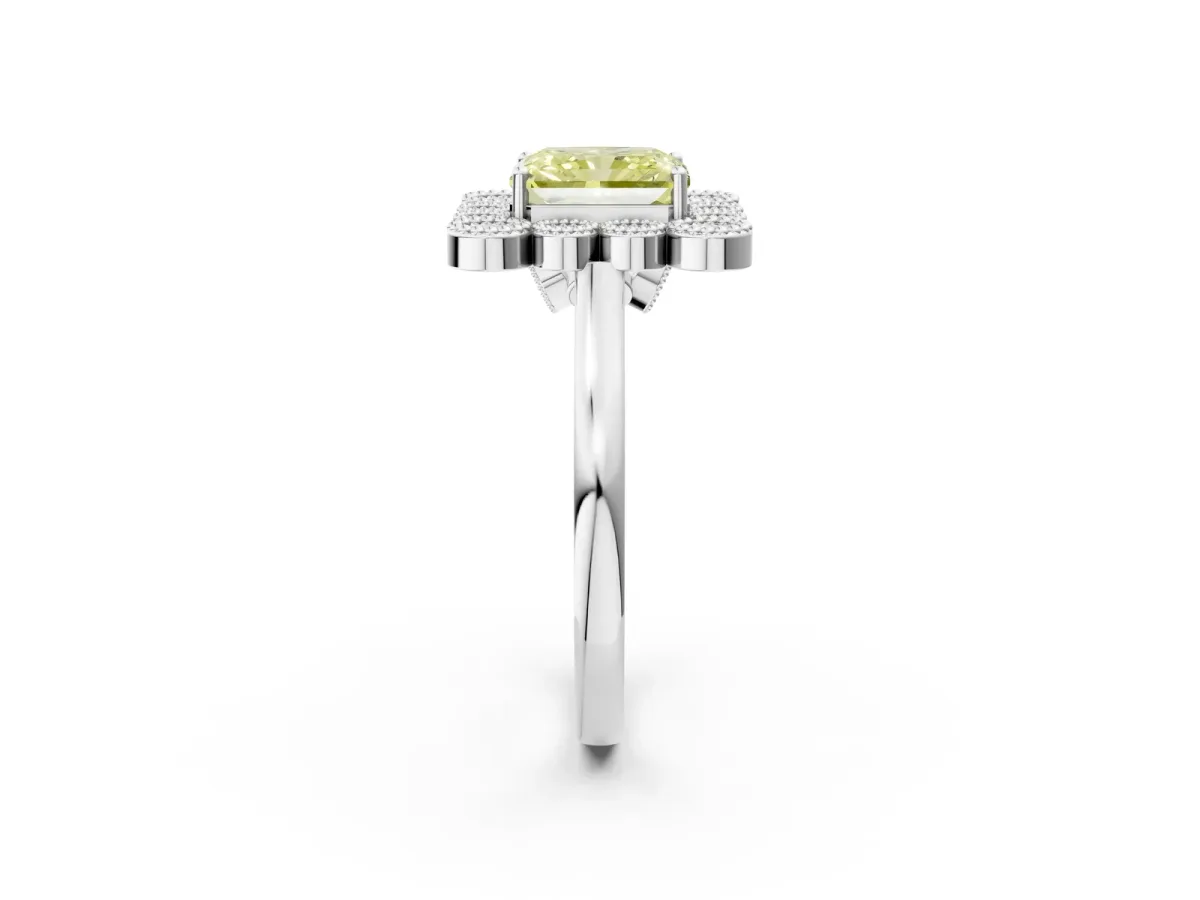 Fancy Yellow Radiant Cut Halo Diamond Cluster Engagement Ring with Milgrain Bezel Setting and Solitaire Band Platinum
