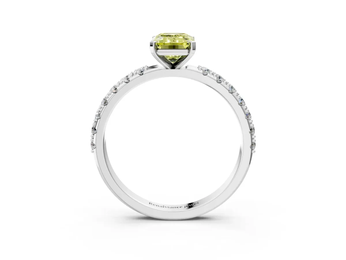 Fancy Yellow Emerald Cut Diamond Solitaire Pavé Band with Four-Prong Setting Platinum