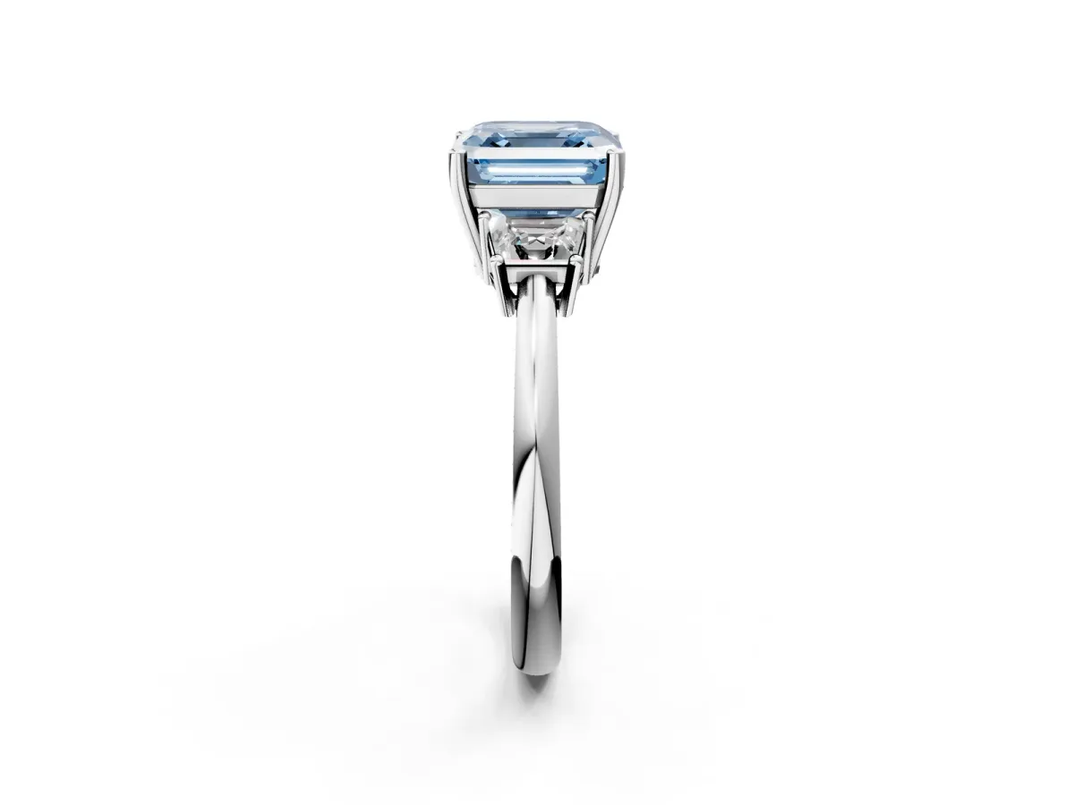 Fancy Blue Asscher Cut Diamond Three-Stone Ring with Trapezoid Side Stones and Prong Setting Platinum
