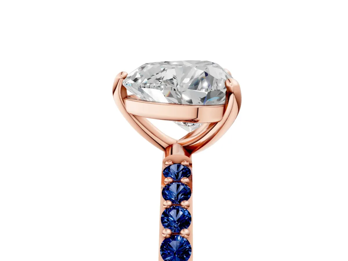 Heart Cut Diamond Solitaire Ring with Round Blue Sapphire Pavé Band and Prong Setting Rose gold