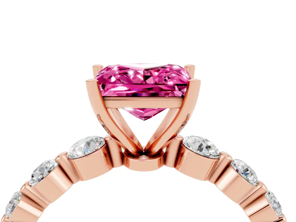 Princess Cut Solitaire Pink Sapphire Ring with Pave Band and Four-Prong Setting Rose gold