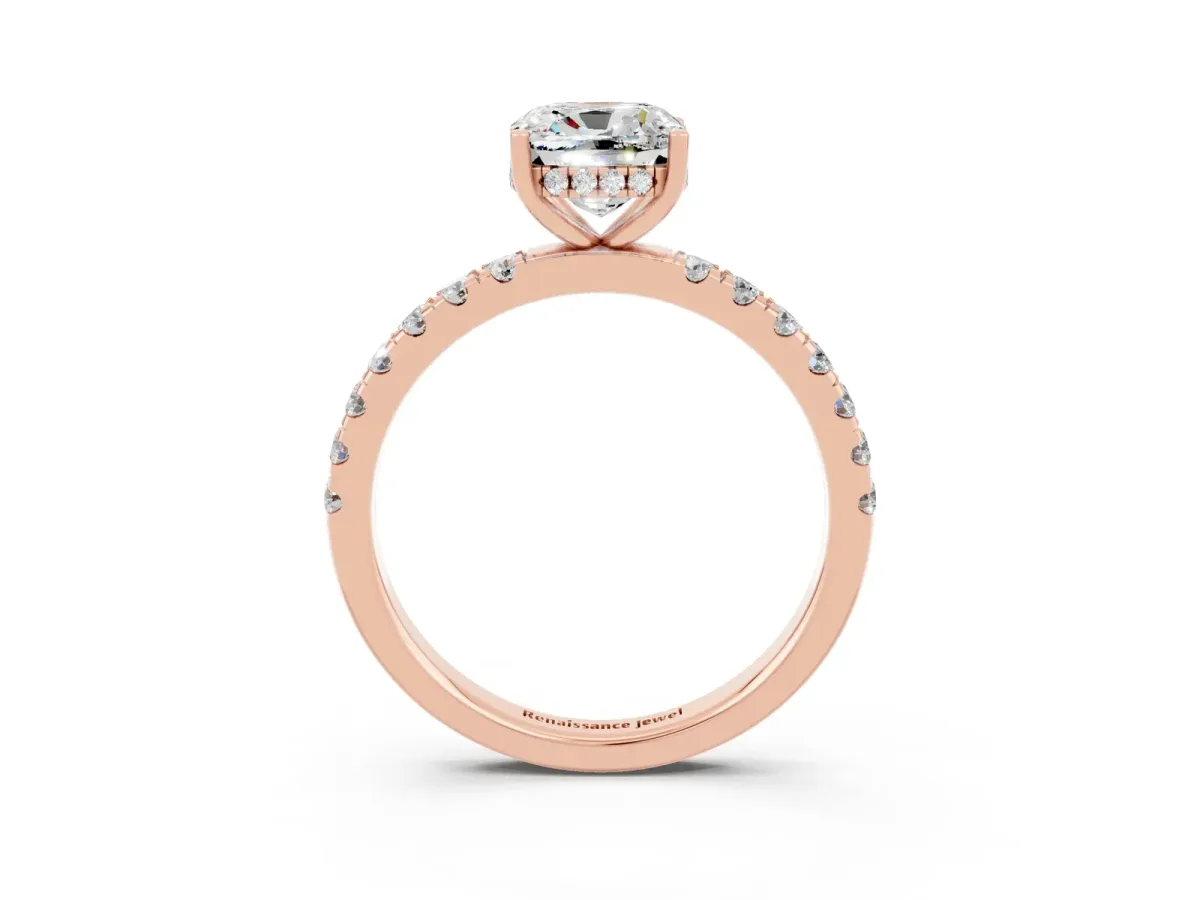 Cushion Cut Moissanite Pave Band Solitaire Ring with Round and Prong Setting Rose gold