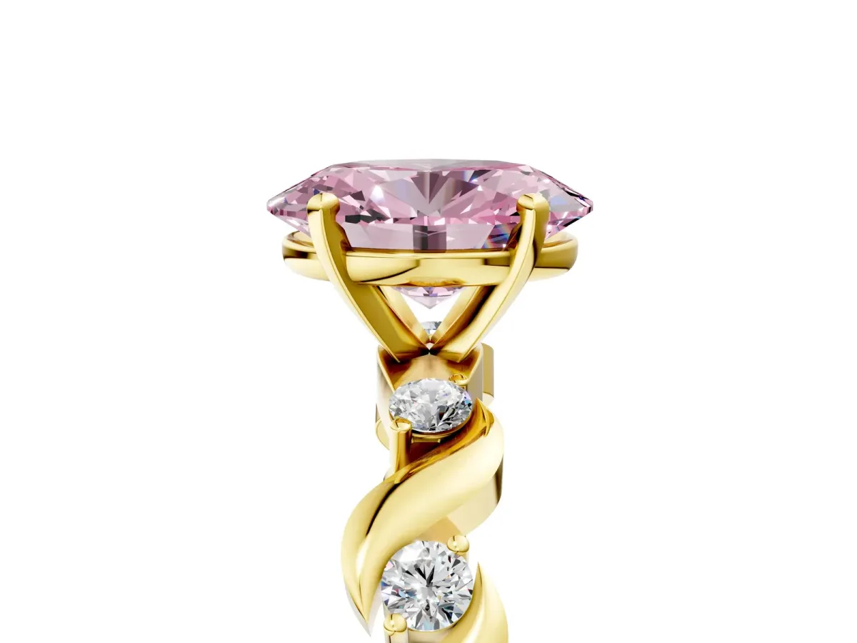 Fancy Pink Oval Cut Diamond Solitaire Twisted Band with Round Accents and Prong Setting Yellow gold