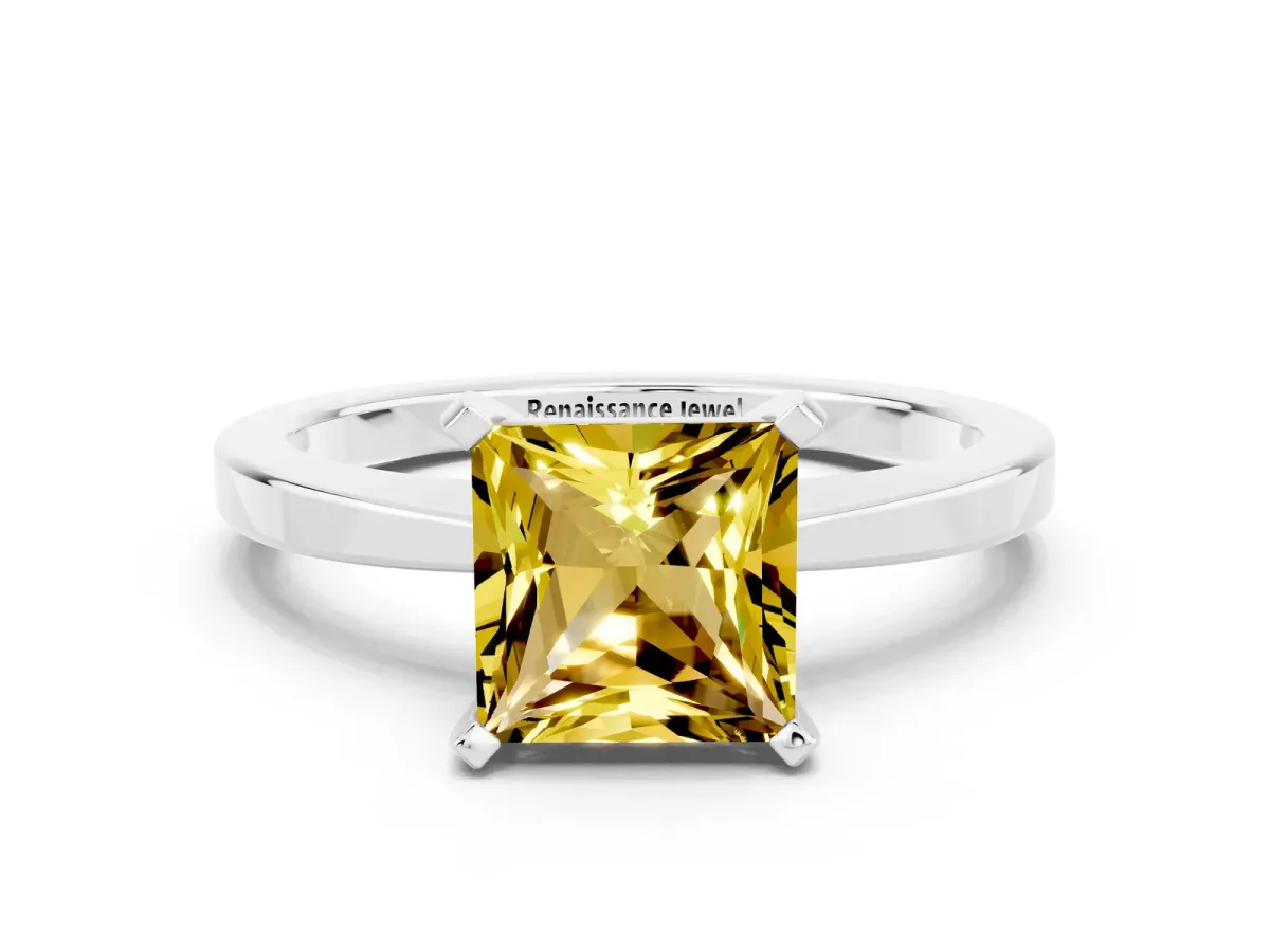 Princess Cut Yellow Sapphire Solitaire Engagement Ring with Classic Band and Four-Prong Setting White gold