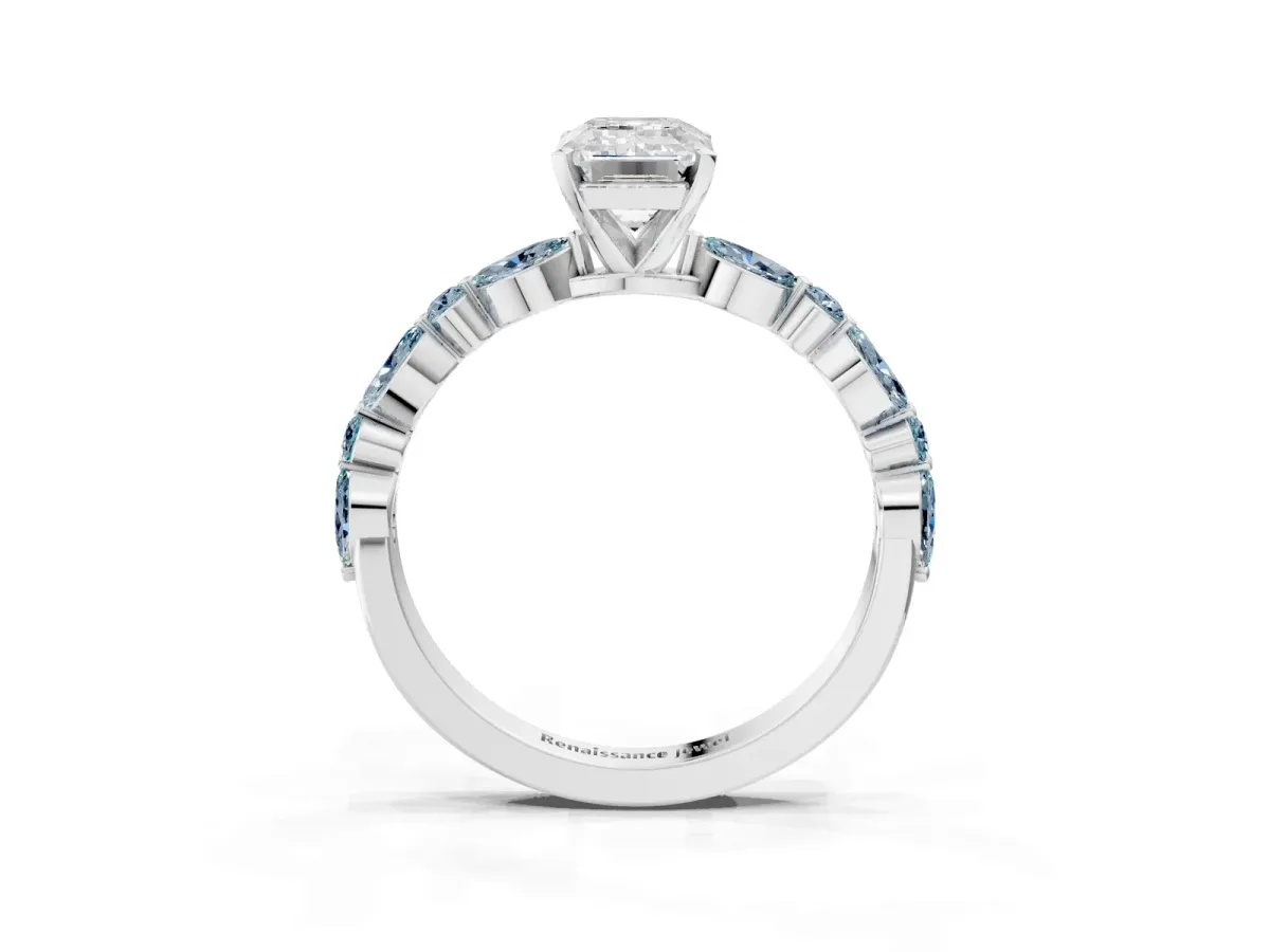 Emerald Cut Diamond Ring with Marquise and Round Aquamarine Side Stones and Four-Prong Setting White gold