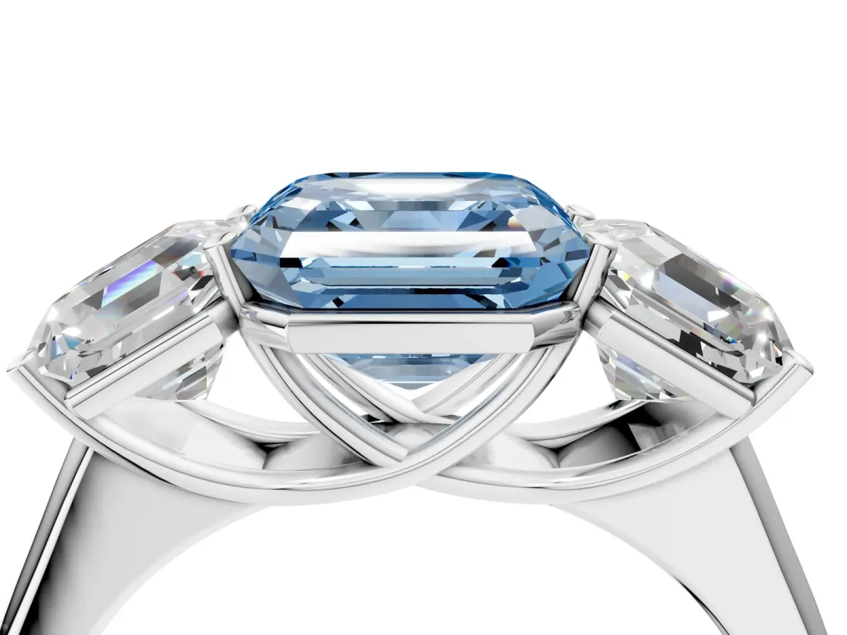 Fancy Blue Asscher Cut Three-Stone Diamond Ring with Prong Setting on a Classic Band Platinum