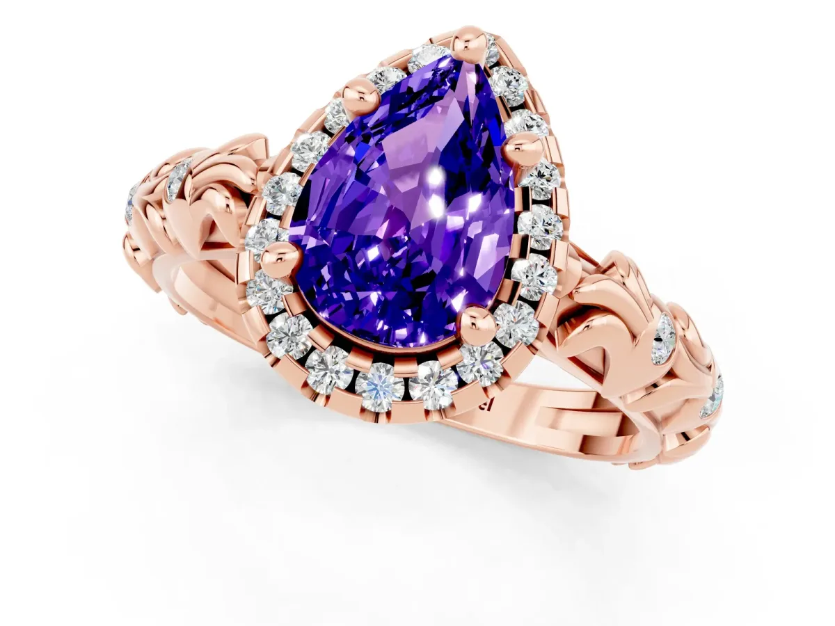 Pear Cut Tanzanite Halo Ring with Filigree Band and Prong Setting Rose gold